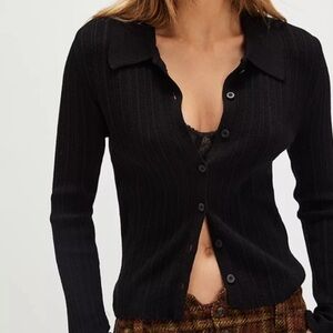 Free People Black Ribbed Button-Down